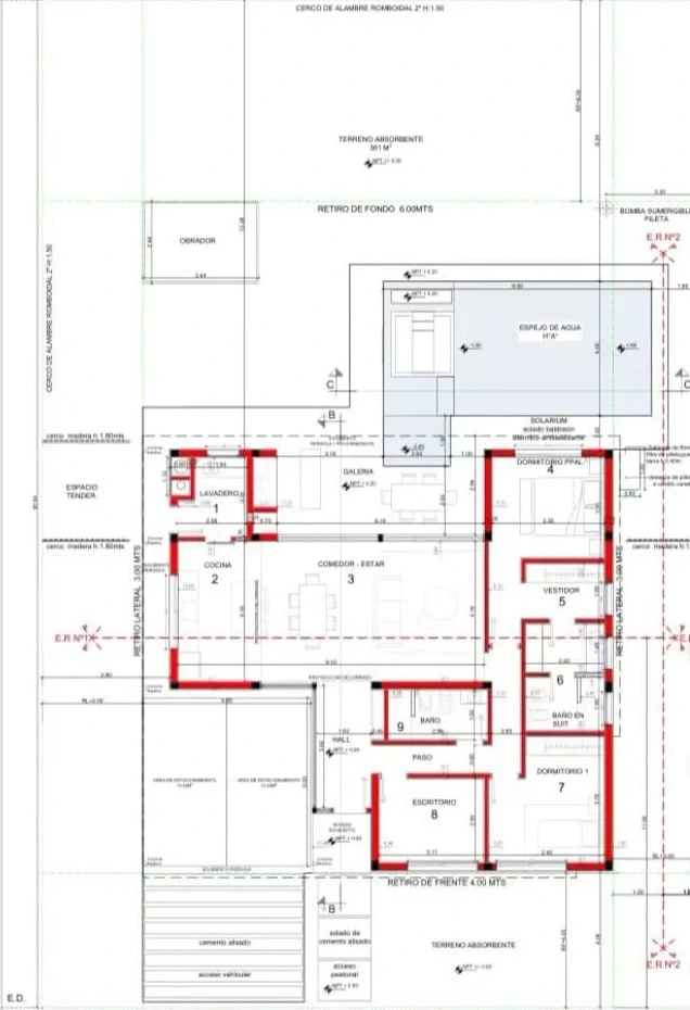 Plano de obra del modelo Algarrobo con los retiros del lote
