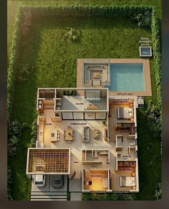 Vista aérea del modelo Algarrobo: casa de una planta con galería, pileta y jardín